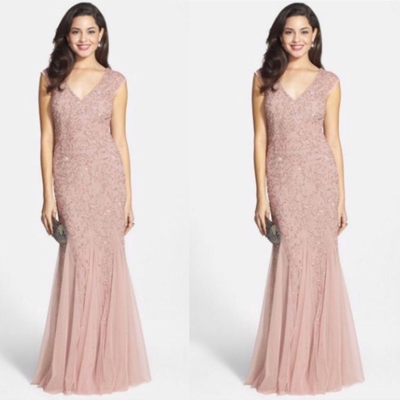 Aidan Mattox Dresses & Skirts - Aidan Mattox beaded cap sleeves V-Neck mermaid Long Dress